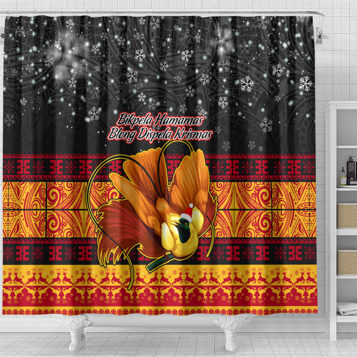 PNG Hamamas Krismas Shower Curtain Papua New Guinea Bird Of Paradise Merry Christmas Black Style LT9 - Polynesian Pride
