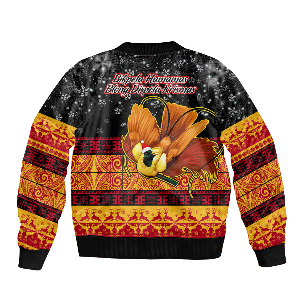 PNG Hamamas Krismas Sleeve Zip Bomber Jacket Papua New Guinea Bird Of Paradise Merry Christmas Black Style LT9 - Polynesian Pride