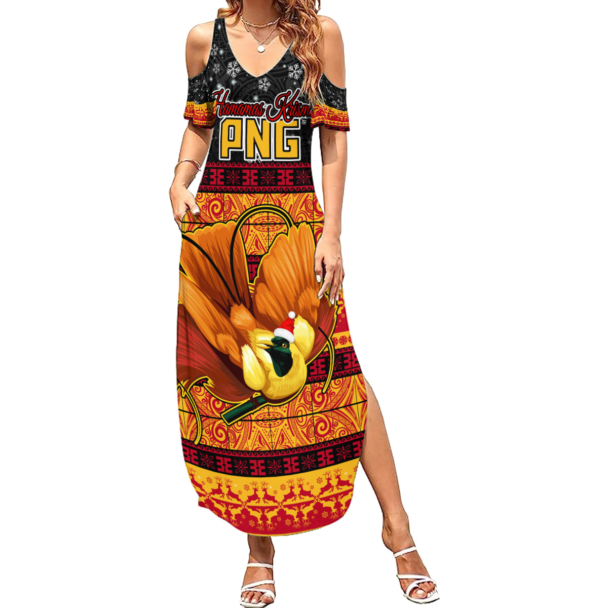 PNG Hamamas Krismas Summer Maxi Dress Papua New Guinea Bird Of Paradise Merry Christmas Black Style LT9 Women Black - Polynesian Pride