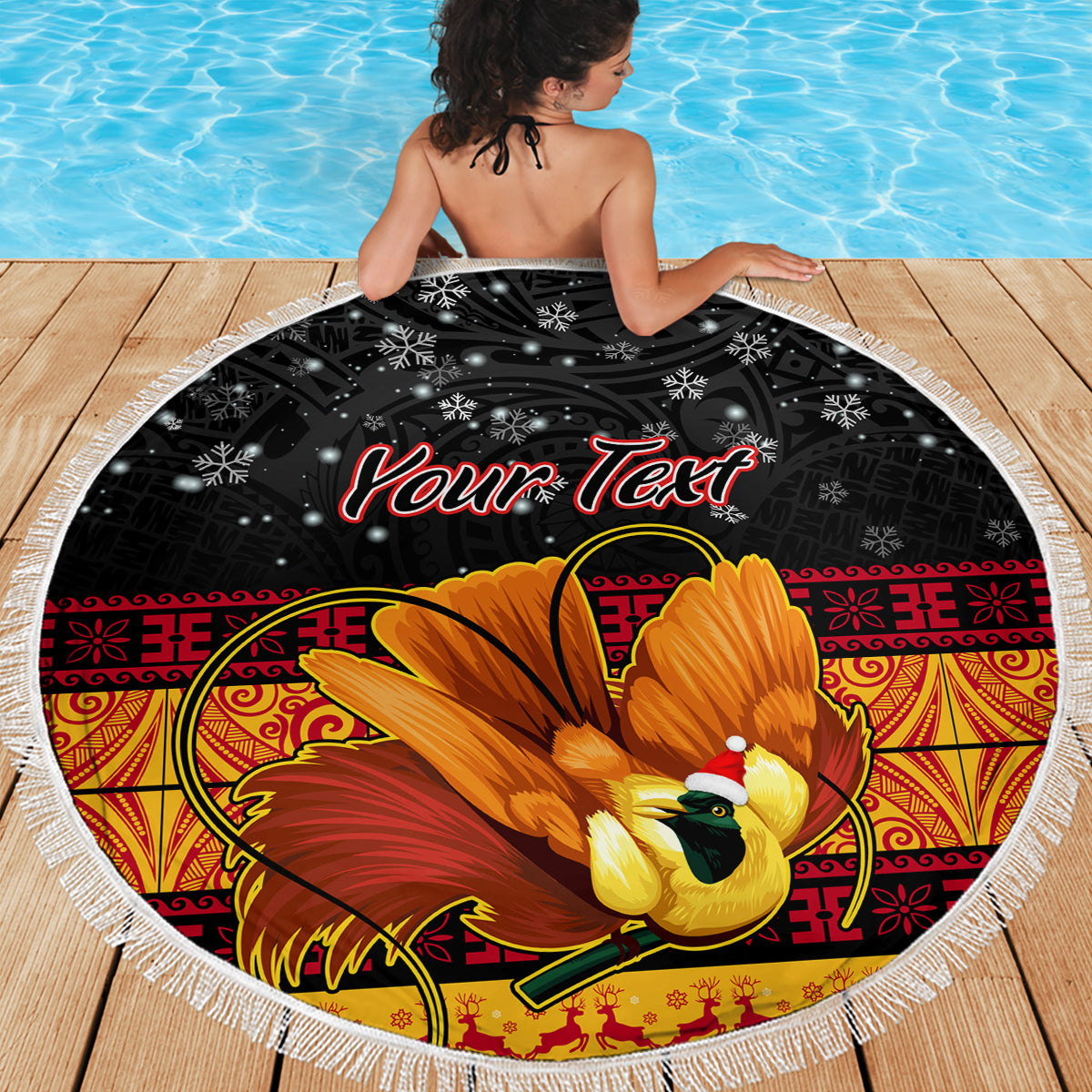 Personalised PNG Hamamas Krismas Beach Blanket Papua New Guinea Bird Of Paradise Merry Christmas Black Style LT9 - Polynesian Pride