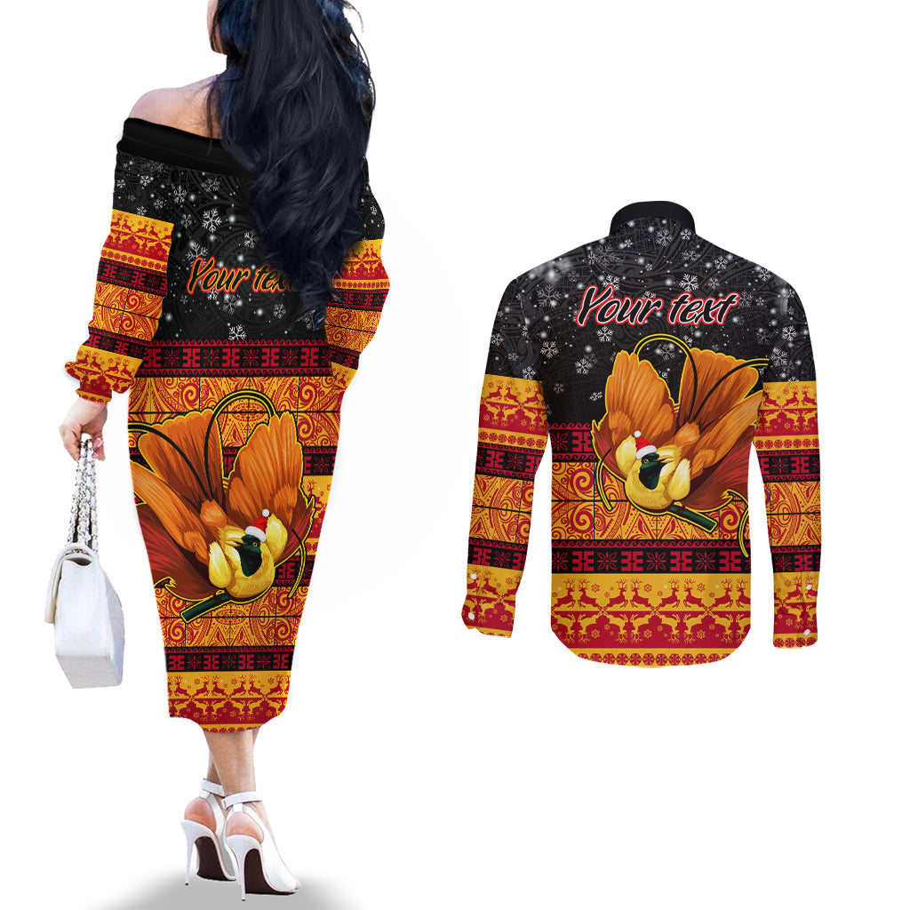 Personalised PNG Hamamas Krismas Couples Matching Off The Shoulder Long Sleeve Dress and Long Sleeve Button Shirt Papua New Guinea Bird Of Paradise Merry Christmas Black Style LT9 - Polynesian Pride