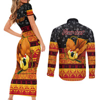 Personalised PNG Hamamas Krismas Couples Matching Short Sleeve Bodycon Dress and Long Sleeve Button Shirt Papua New Guinea Bird Of Paradise Merry Christmas Black Style LT9 - Polynesian Pride