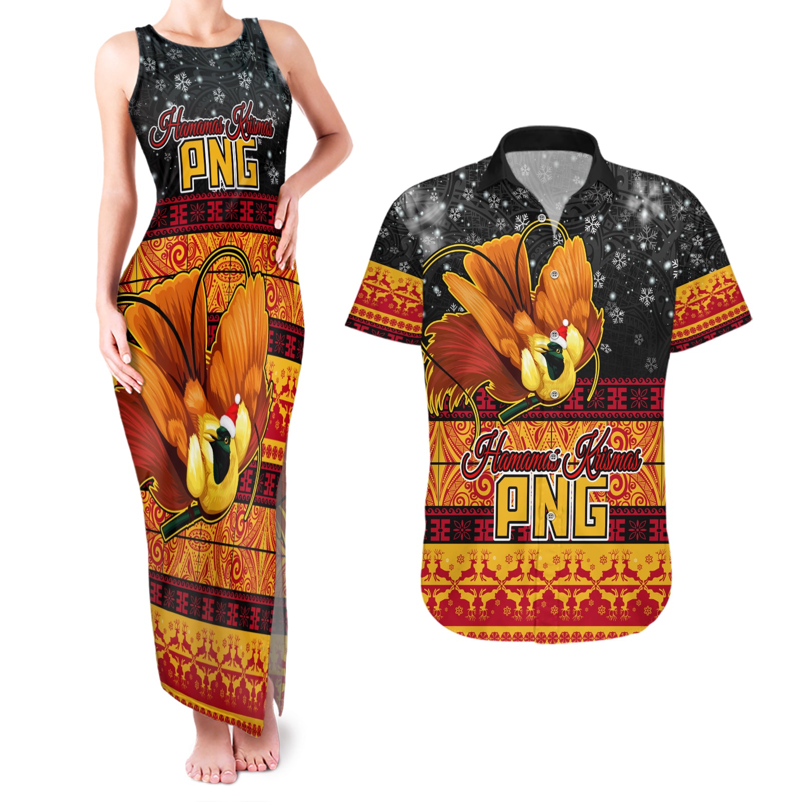 Personalised PNG Hamamas Krismas Couples Matching Tank Maxi Dress and Hawaiian Shirt Papua New Guinea Bird Of Paradise Merry Christmas Black Style LT9 Black - Polynesian Pride