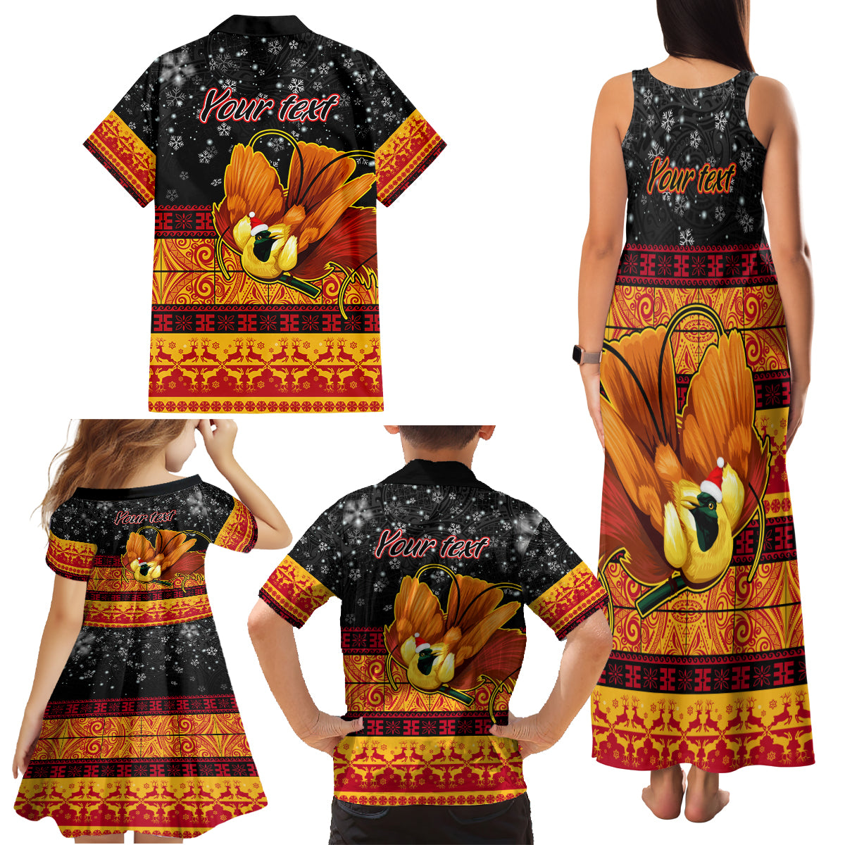 Personalised PNG Hamamas Krismas Family Matching Tank Maxi Dress and Hawaiian Shirt Papua New Guinea Bird Of Paradise Merry Christmas Black Style LT9 - Polynesian Pride