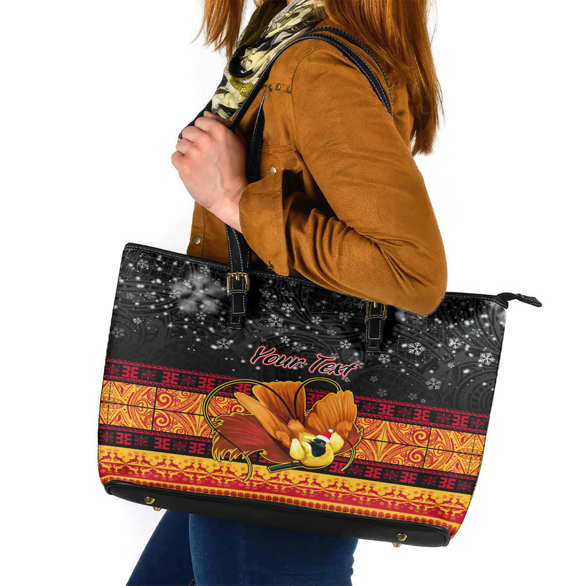 Personalised PNG Hamamas Krismas Leather Tote Bag Papua New Guinea Bird Of Paradise Merry Christmas Black Style LT9 Black - Polynesian Pride