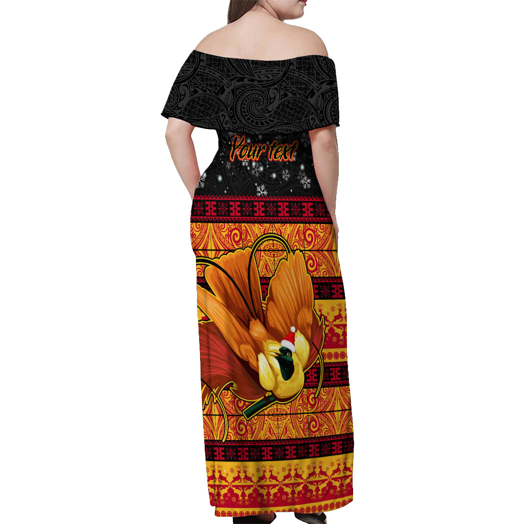 Personalised PNG Hamamas Krismas Off Shoulder Maxi Dress Papua New Guinea Bird Of Paradise Merry Christmas Black Style LT9 - Polynesian Pride