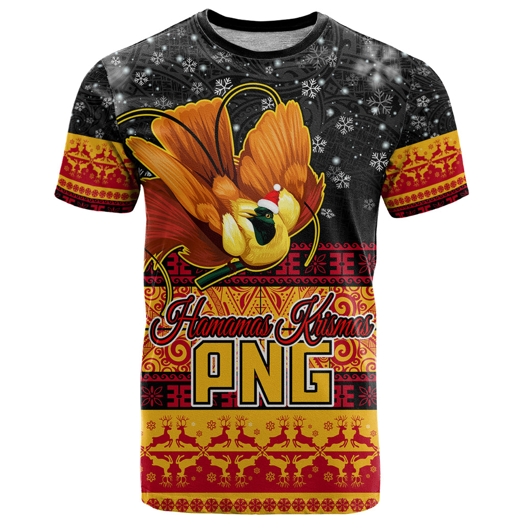 Personalised PNG Hamamas Krismas T Shirt Papua New Guinea Bird Of Paradise Merry Christmas Black Style LT9 Black - Polynesian Pride
