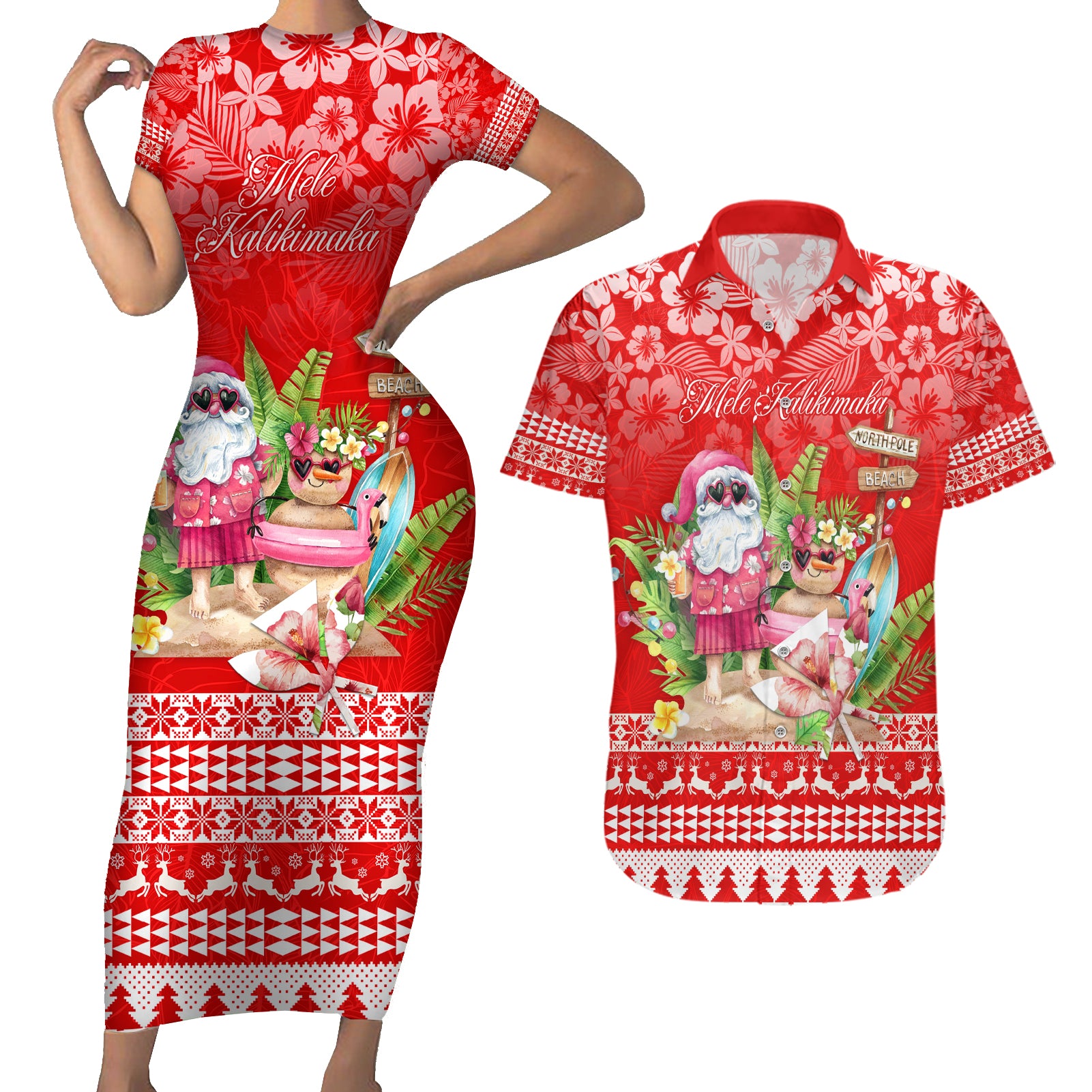 Personalised Hawaii Mele Kalikimaka Couples Matching Short Sleeve Bodycon Dress and Hawaiian Shirt Santa Beach Merry Christmas LT9 Red - Polynesian Pride