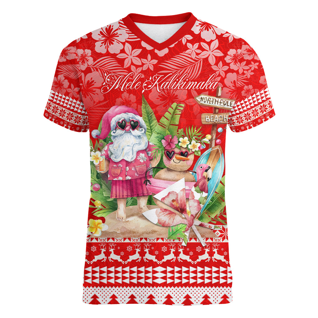 Personalised Hawaii Mele Kalikimaka Women V Neck T Shirt Santa Beach Merry Christmas LT9 Female Red - Polynesian Pride