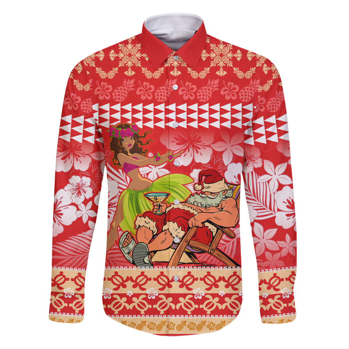 Hawaii Mele Kalikimaka Family Matching Long Sleeve Bodycon Dress and Hawaiian Shirt Santa Claus and Hula Dancing Merry Christmas LT9 Dad's Shirt - Long Sleeve Red - Polynesian Pride