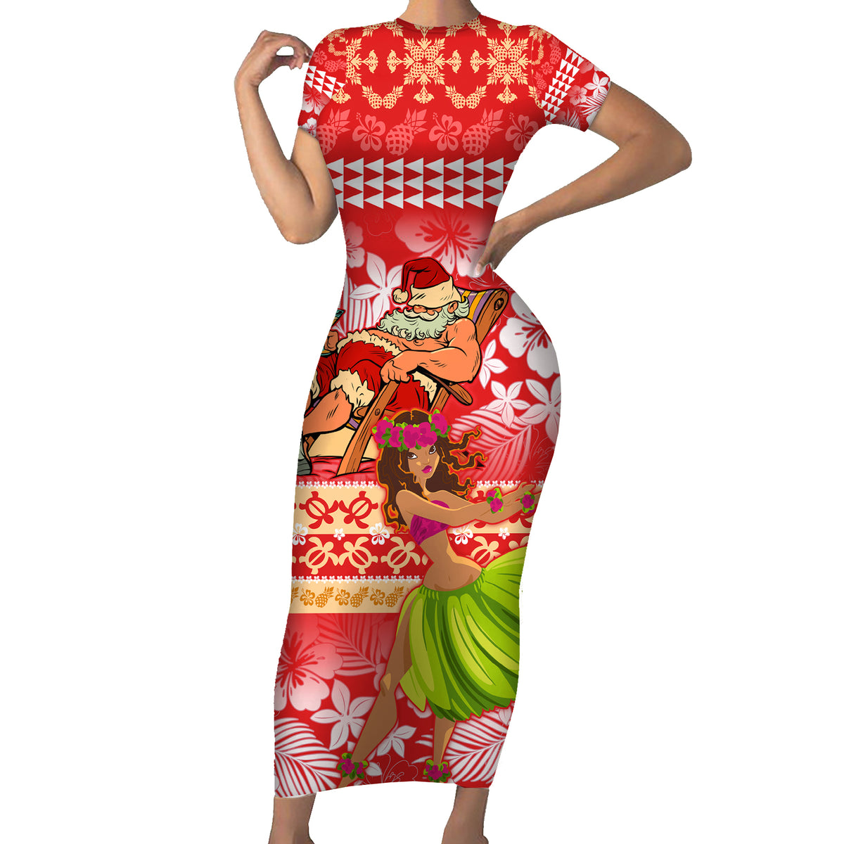 Hawaii Mele Kalikimaka Family Matching Short Sleeve Bodycon Dress and Hawaiian Shirt Santa Claus and Hula Dancing Merry Christmas LT9 Mom's Dress Red - Polynesian Pride