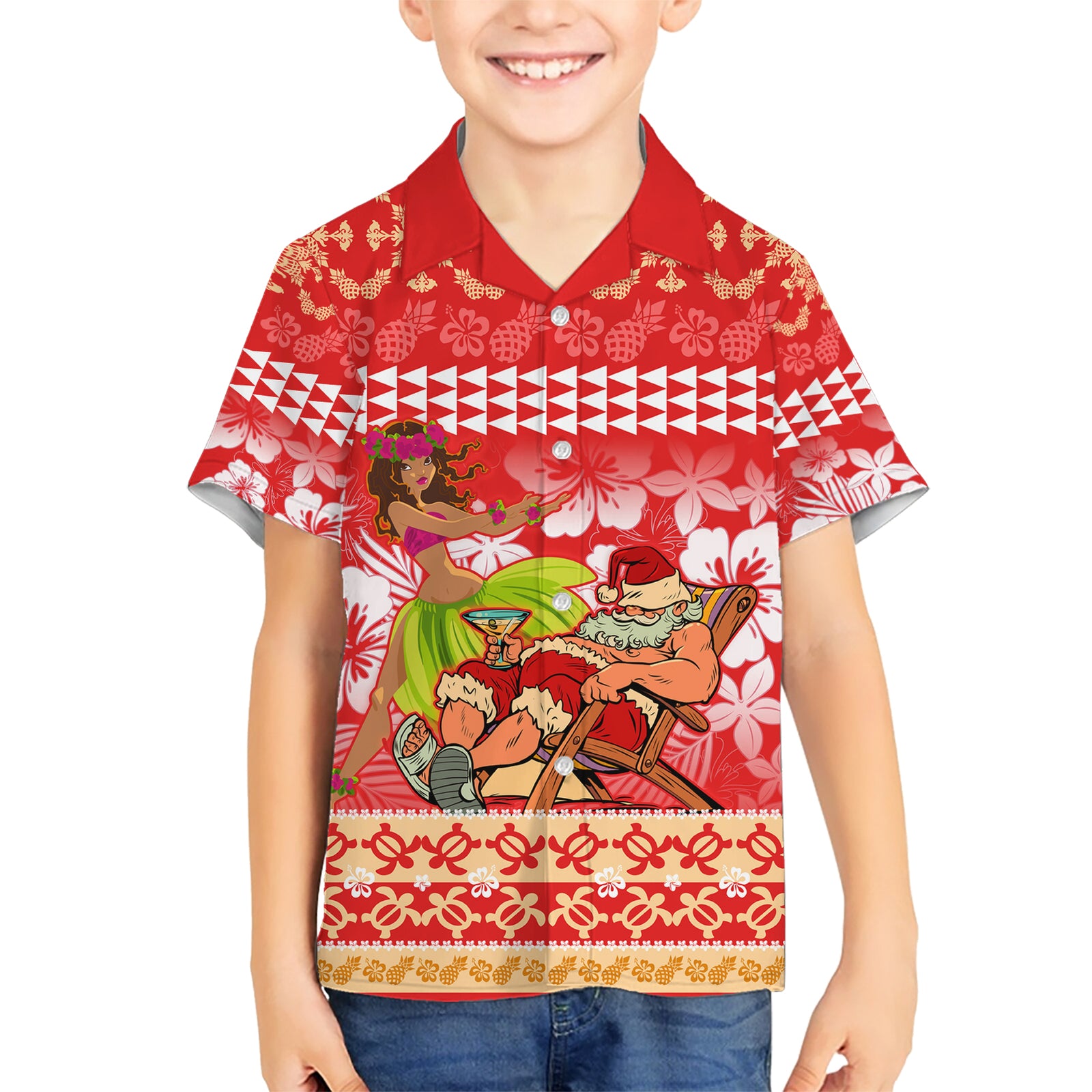 Hawaii Mele Kalikimaka Kid Hawaiian Shirt Santa Claus and Hula Dancing Merry Christmas LT9 Kid Red - Polynesian Pride
