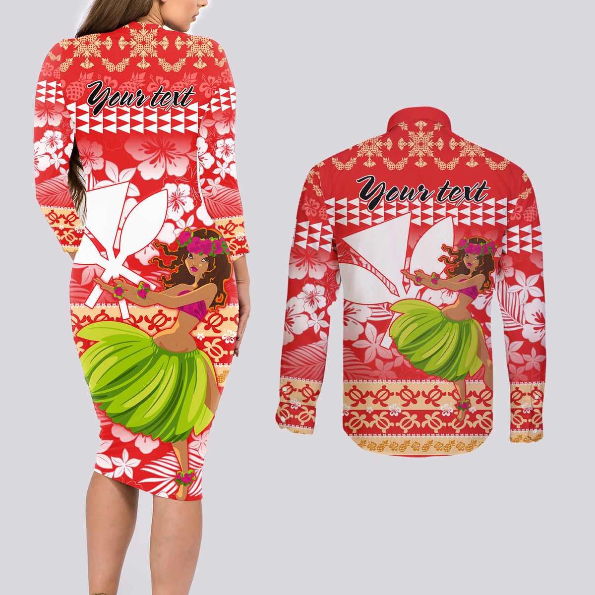 Personalised Hawaii Mele Kalikimaka Couples Matching Long Sleeve Bodycon Dress and Long Sleeve Button Shirt Santa Claus and Hula Dancing Merry Christmas LT9 - Polynesian Pride