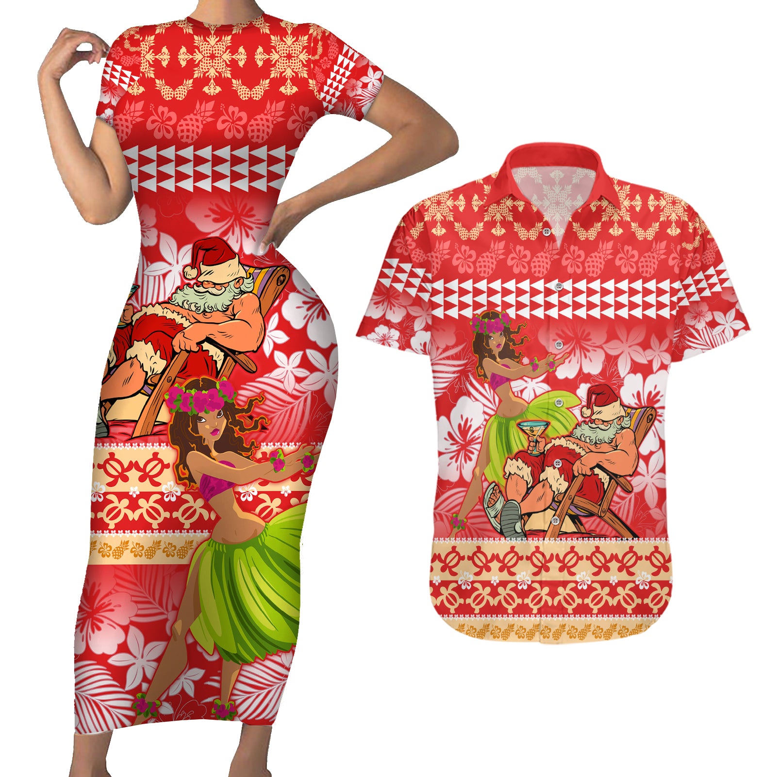 Personalised Hawaii Mele Kalikimaka Couples Matching Short Sleeve Bodycon Dress and Hawaiian Shirt Santa Claus and Hula Dancing Merry Christmas LT9 Red - Polynesian Pride