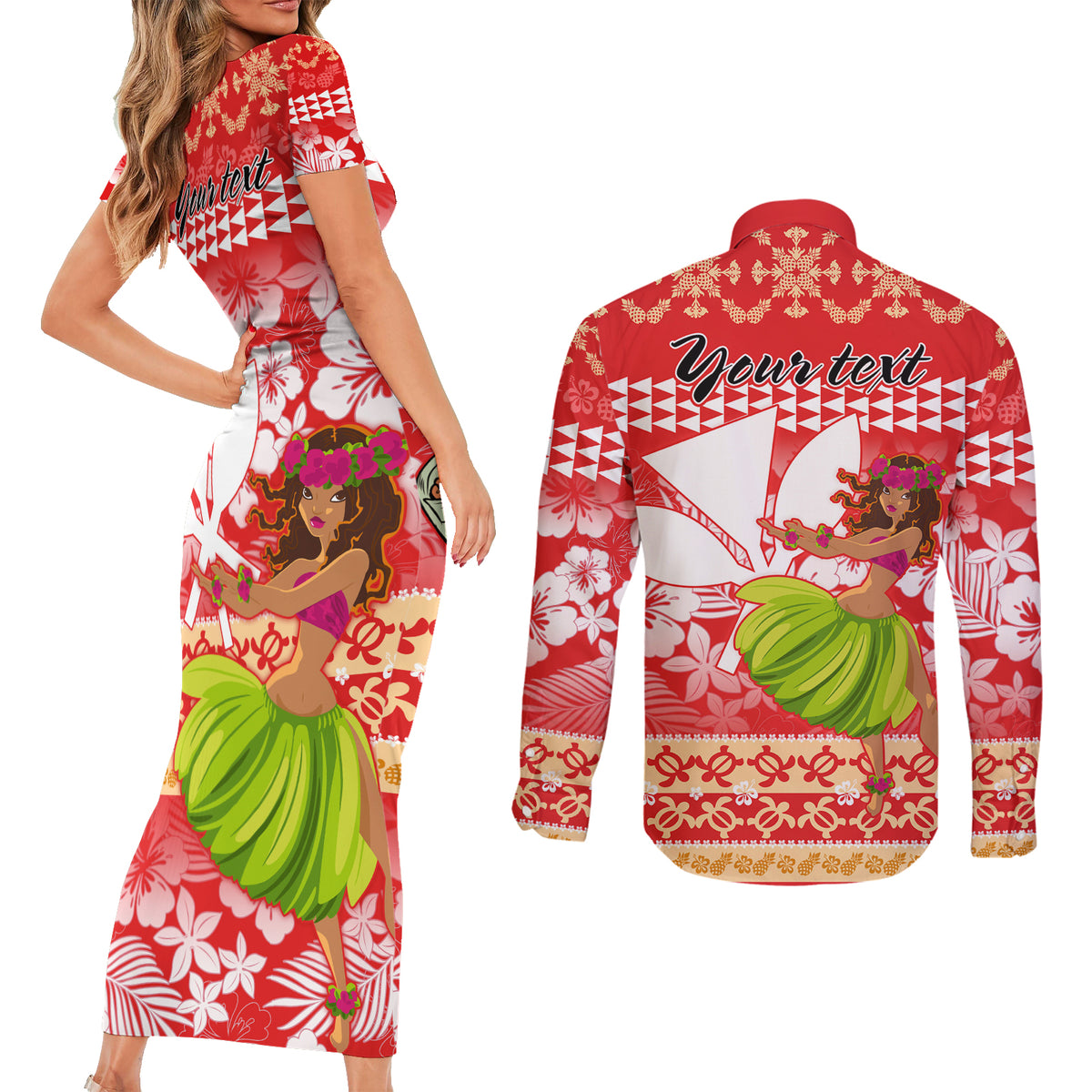 Personalised Hawaii Mele Kalikimaka Couples Matching Short Sleeve Bodycon Dress and Long Sleeve Button Shirt Santa Claus and Hula Dancing Merry Christmas LT9 - Polynesian Pride