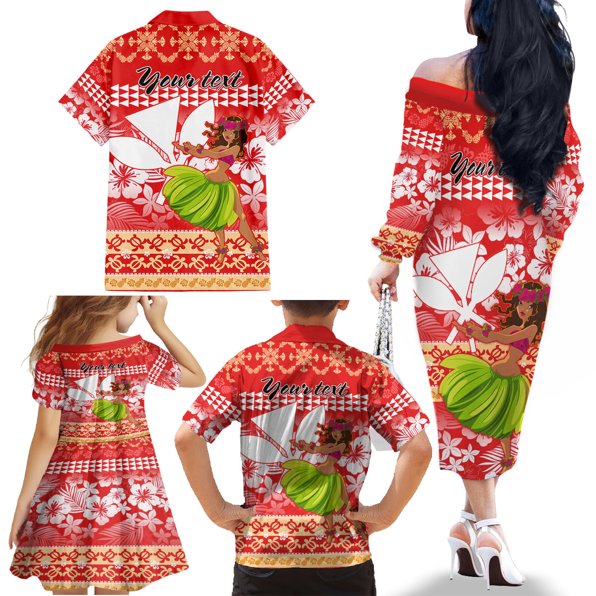 Personalised Hawaii Mele Kalikimaka Family Matching Off Shoulder Long Sleeve Dress and Hawaiian Shirt Santa Claus and Hula Dancing Merry Christmas LT9 - Polynesian Pride