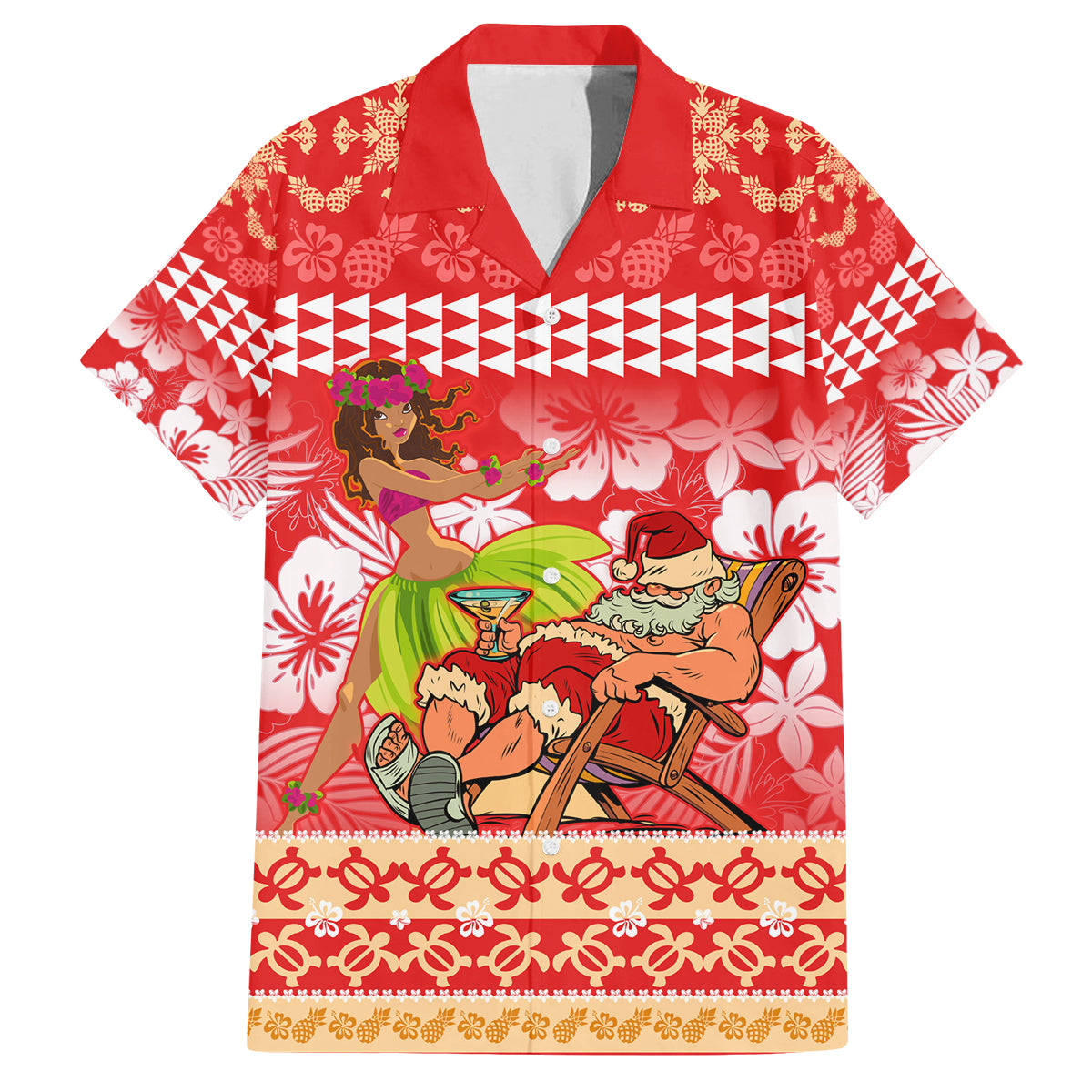 Personalised Hawaii Mele Kalikimaka Family Matching Puletasi Dress and Hawaiian Shirt Santa Claus and Hula Dancing Merry Christmas LT9 Dad's Shirt - Short Sleeve Red - Polynesian Pride