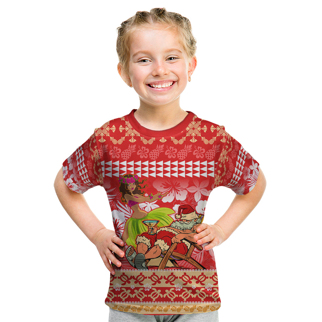 Personalised Hawaii Mele Kalikimaka Kid T Shirt Santa Claus and Hula Dancing Merry Christmas LT9 Red - Polynesian Pride