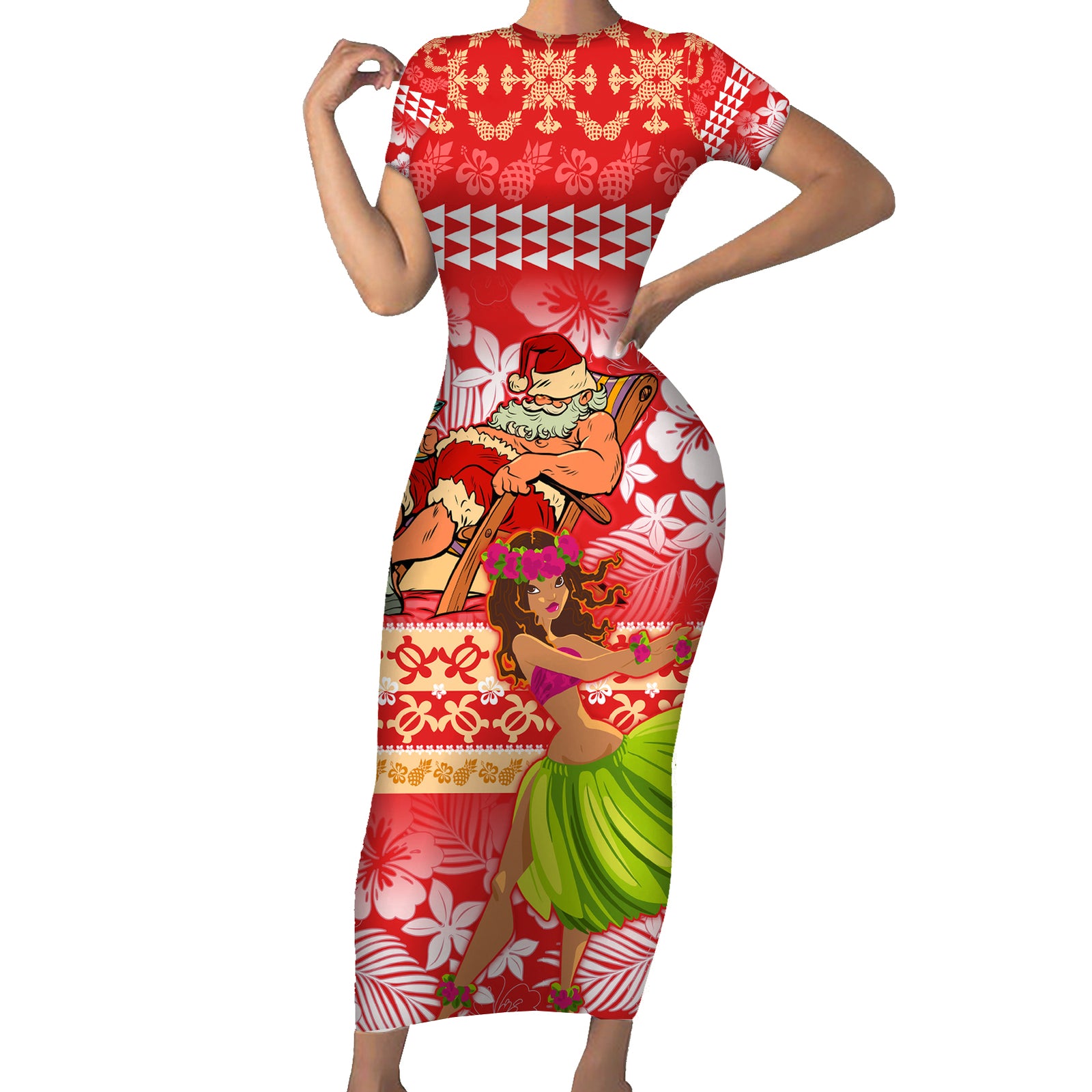 Personalised Hawaii Mele Kalikimaka Short Sleeve Bodycon Dress Santa Claus and Hula Dancing Merry Christmas LT9 Long Dress Red - Polynesian Pride