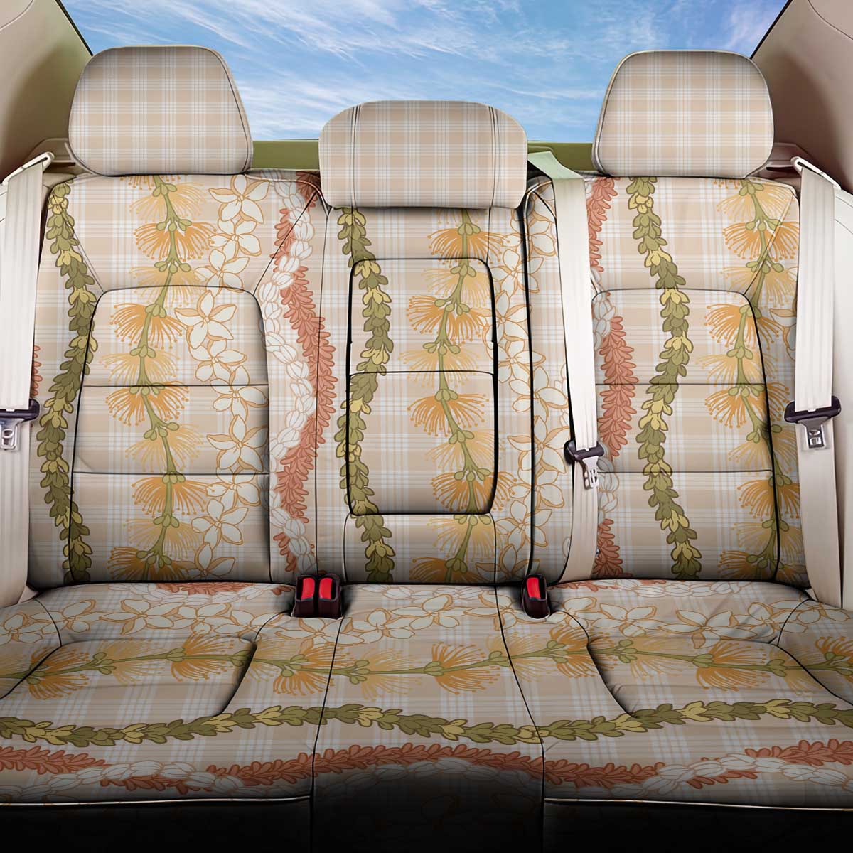 Hawaiian Ohia Lehua Lei Back Car Seat Cover Plaid Palaka Ahiehie Pattern - Polynesian Pride