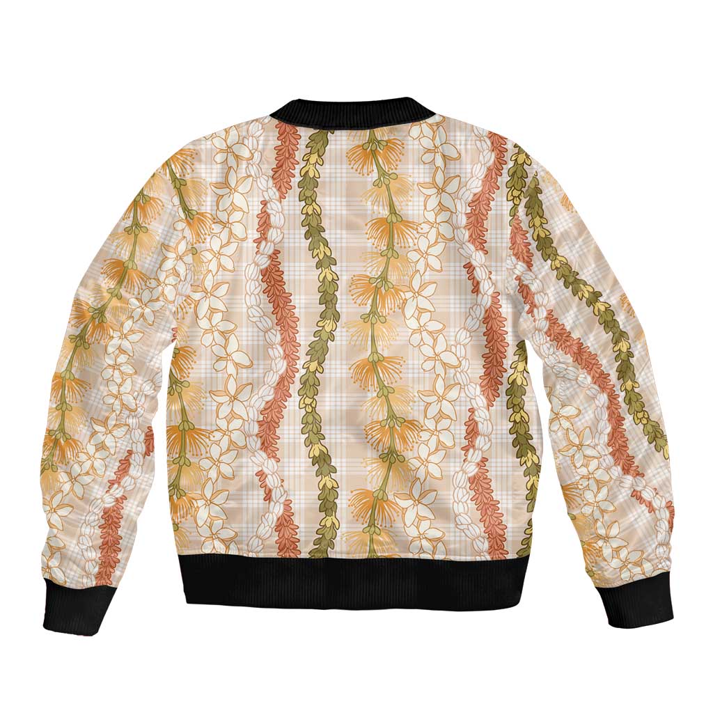 Hawaiian Ohia Lehua Lei Bomber Jacket Plaid Palaka Ahiehie Pattern - Polynesian Pride