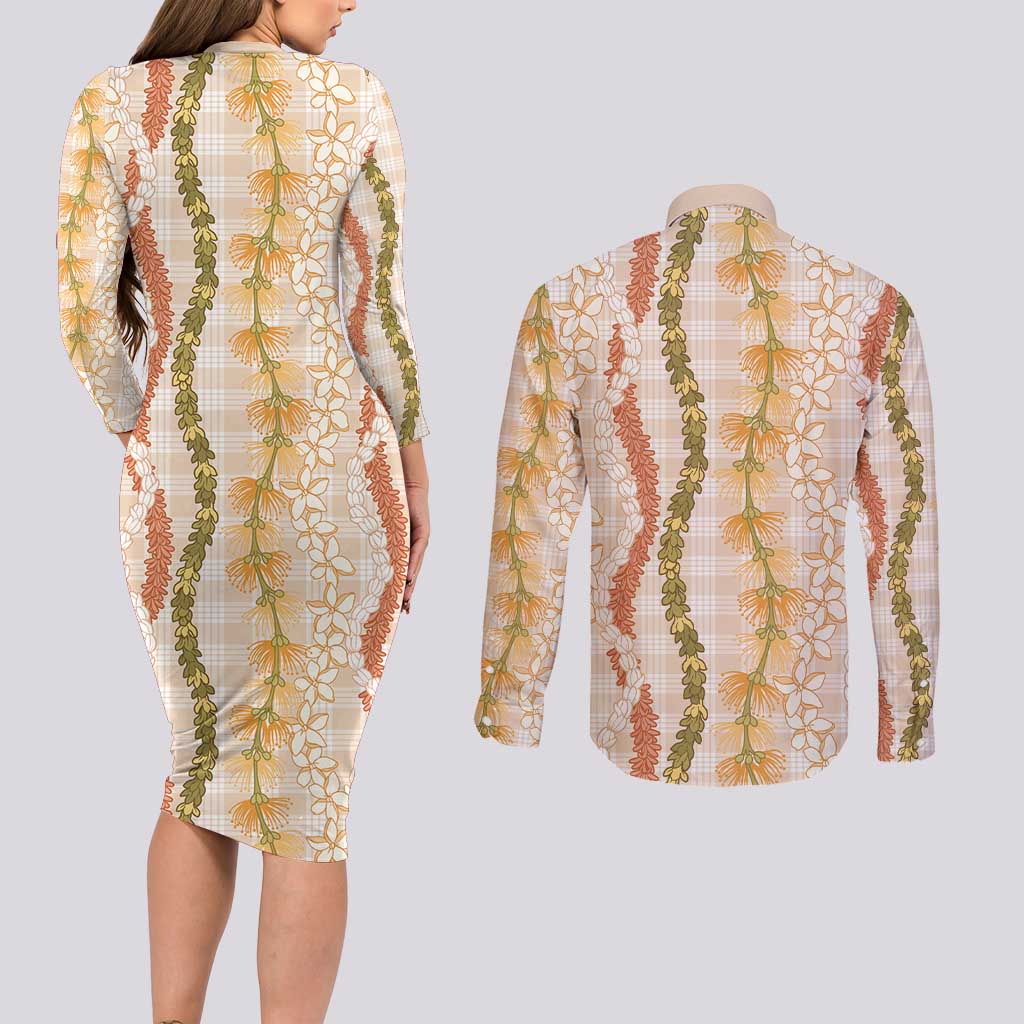 Hawaiian Ohia Lehua Lei Couples Matching Long Sleeve Bodycon Dress and Long Sleeve Button Shirt Plaid Palaka Ahiehie Pattern - Polynesian Pride