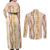 Hawaiian Ohia Lehua Lei Couples Matching Off Shoulder Maxi Dress and Long Sleeve Button Shirt Plaid Palaka Ahiehie Pattern - Polynesian Pride