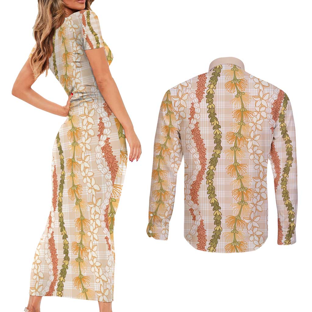 Hawaiian Ohia Lehua Lei Couples Matching Short Sleeve Bodycon Dress and Long Sleeve Button Shirt Plaid Palaka Ahiehie Pattern - Polynesian Pride