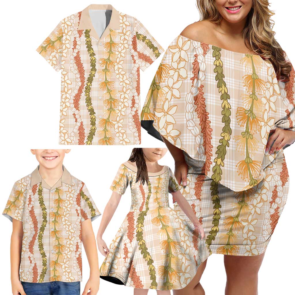 Hawaiian Ohia Lehua Lei Family Matching Off Shoulder Short Dress and Hawaiian Shirt Plaid Palaka Ahiehie Pattern LT9 - Polynesian Pride