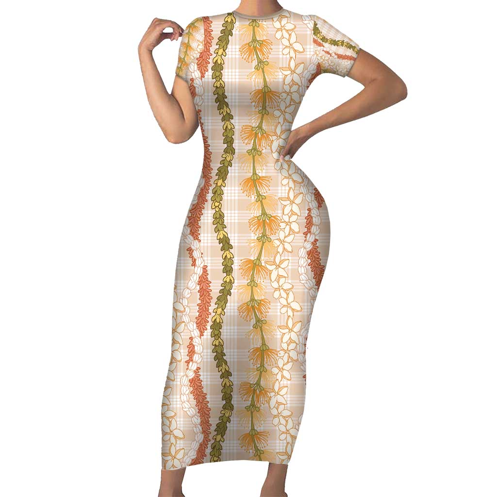 Hawaiian Ohia Lehua Lei Family Matching Short Sleeve Bodycon Dress and Hawaiian Shirt Plaid Palaka Ahiehie Pattern - Polynesian Pride