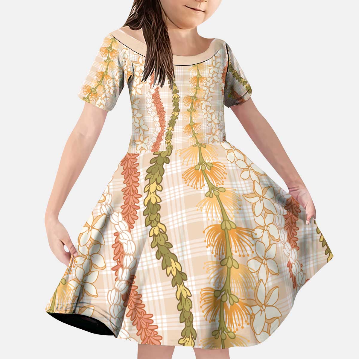 Hawaiian Ohia Lehua Lei Kid Short Sleeve Dress Plaid Palaka Ahiehie Pattern - Polynesian Pride