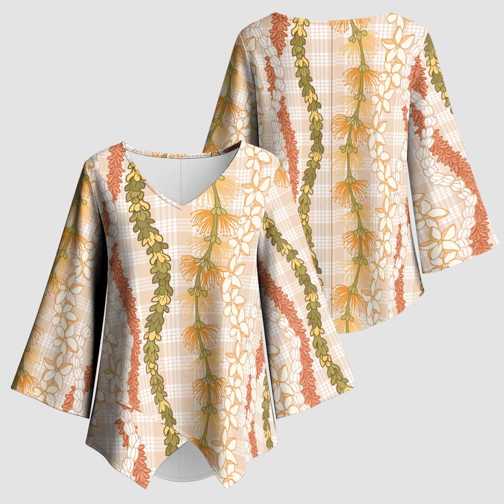 Hawaiian Ohia Lehua Lei Kimono Sleeve Blouse Plaid Palaka Ahiehie Pattern - Polynesian Pride