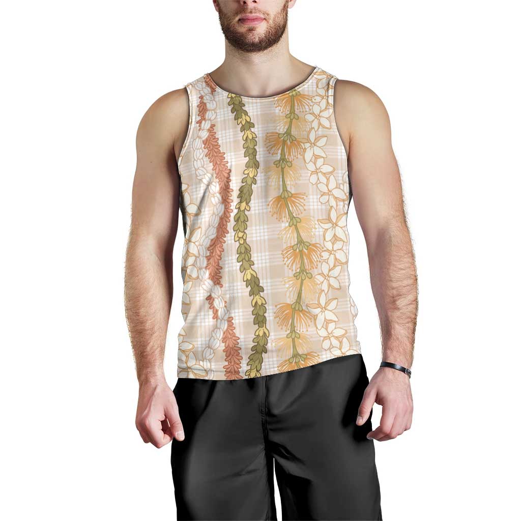 Hawaiian Ohia Lehua Lei Men Tank Top Plaid Palaka Ahiehie Pattern - Polynesian Pride