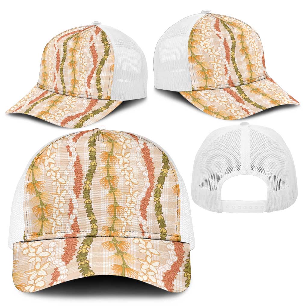 Hawaiian Ohia Lehua Lei Mesh Trucker Cap Plaid Palaka Ahiehie Pattern - Polynesian Pride