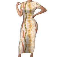 Hawaiian Ohia Lehua Lei Short Sleeve Bodycon Dress Plaid Palaka Ahiehie Pattern - Polynesian Pride