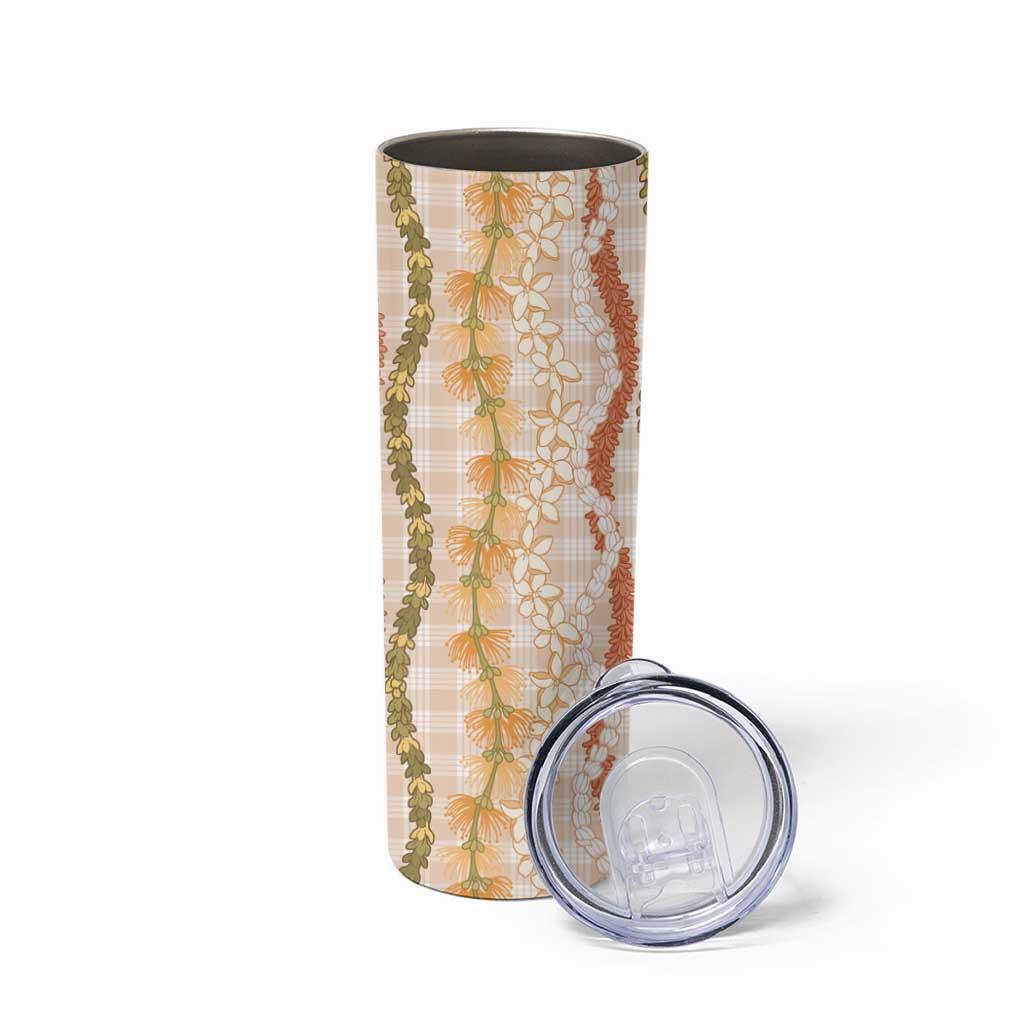 Hawaiian Ohia Lehua Lei Skinny Tumbler Plaid Palaka Ahiehie Pattern - Polynesian Pride