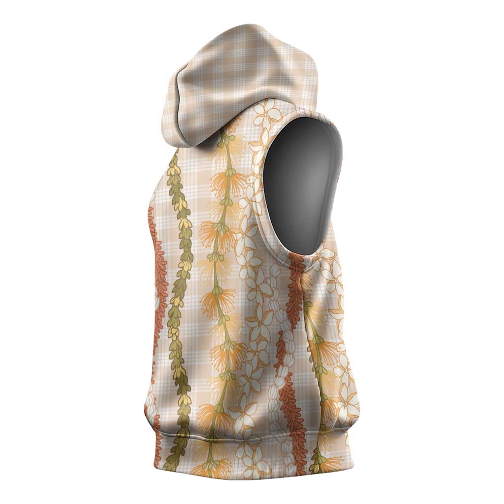 Hawaiian Ohia Lehua Lei Sleeveless Hoodie Plaid Palaka Ahiehie Pattern - Polynesian Pride