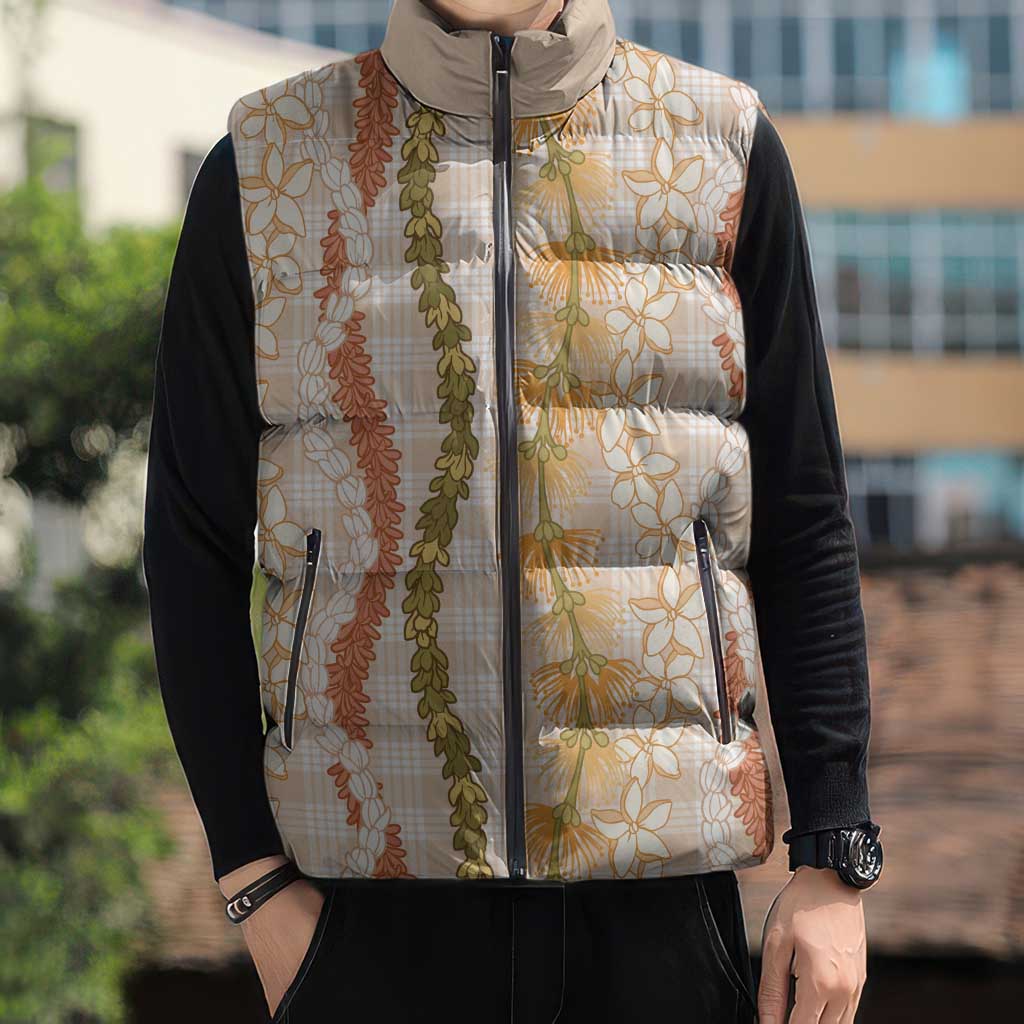 Hawaiian Ohia Lehua Lei Sleeveless Puffer Jacket Plaid Palaka Ahiehie Pattern - Polynesian Pride