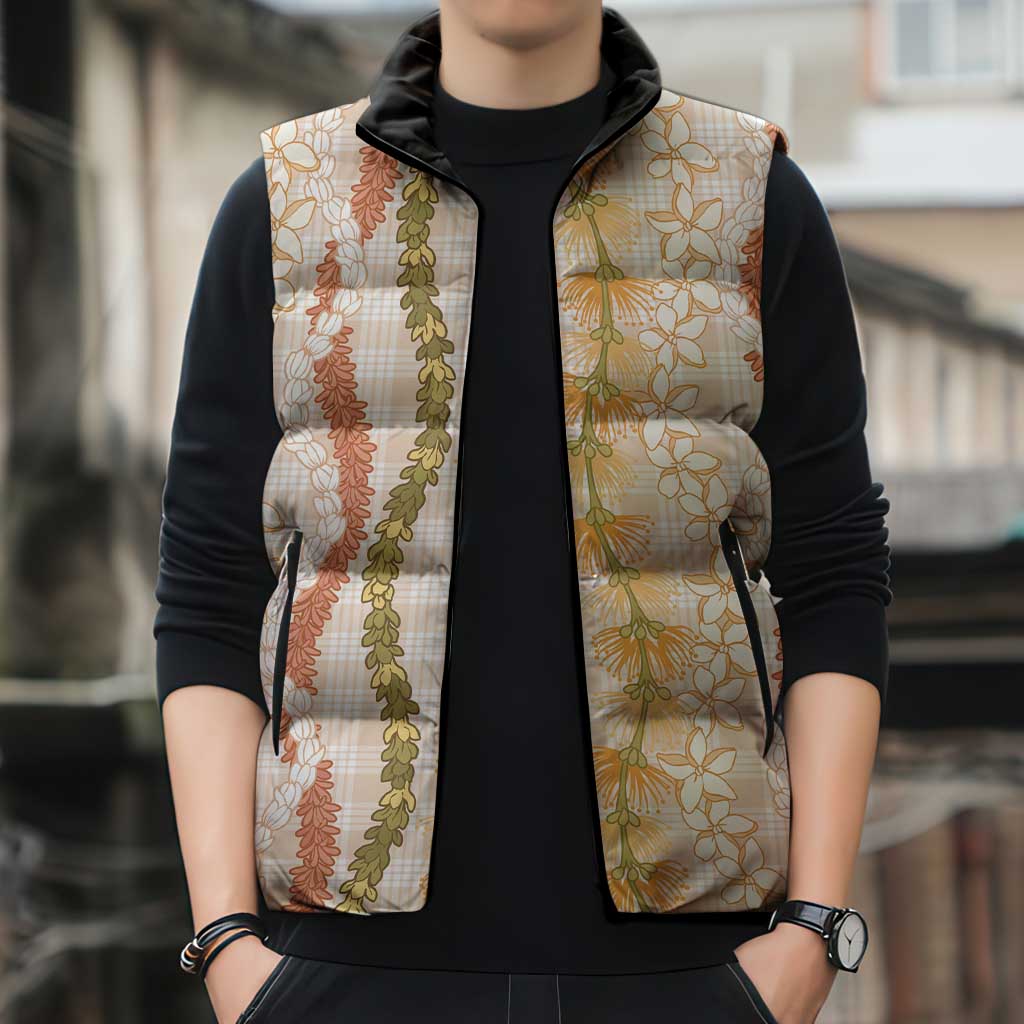 Hawaiian Ohia Lehua Lei Sleeveless Puffer Jacket Plaid Palaka Ahiehie Pattern - Polynesian Pride