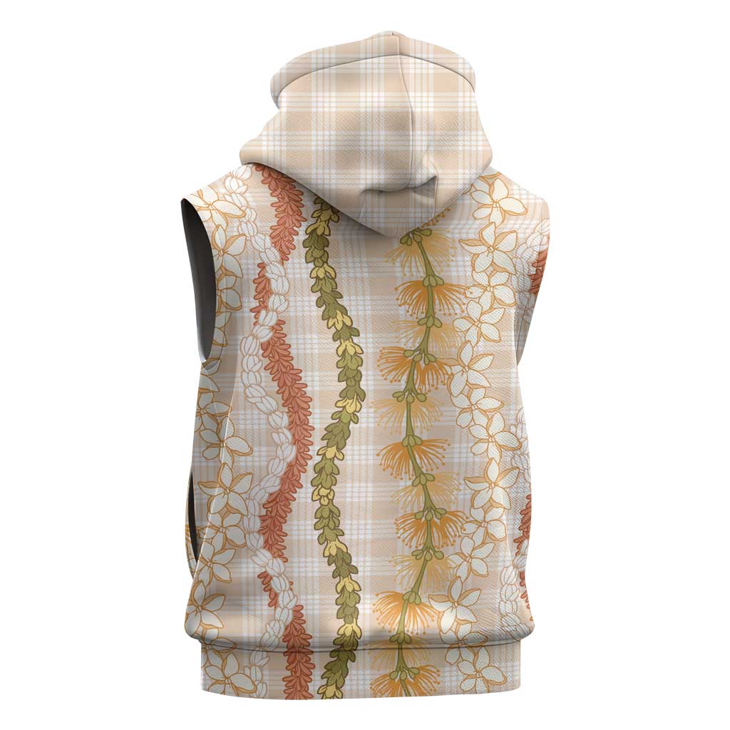 Hawaiian Ohia Lehua Lei Sleeveless Zip Hoodie Plaid Palaka Ahiehie Pattern - Polynesian Pride
