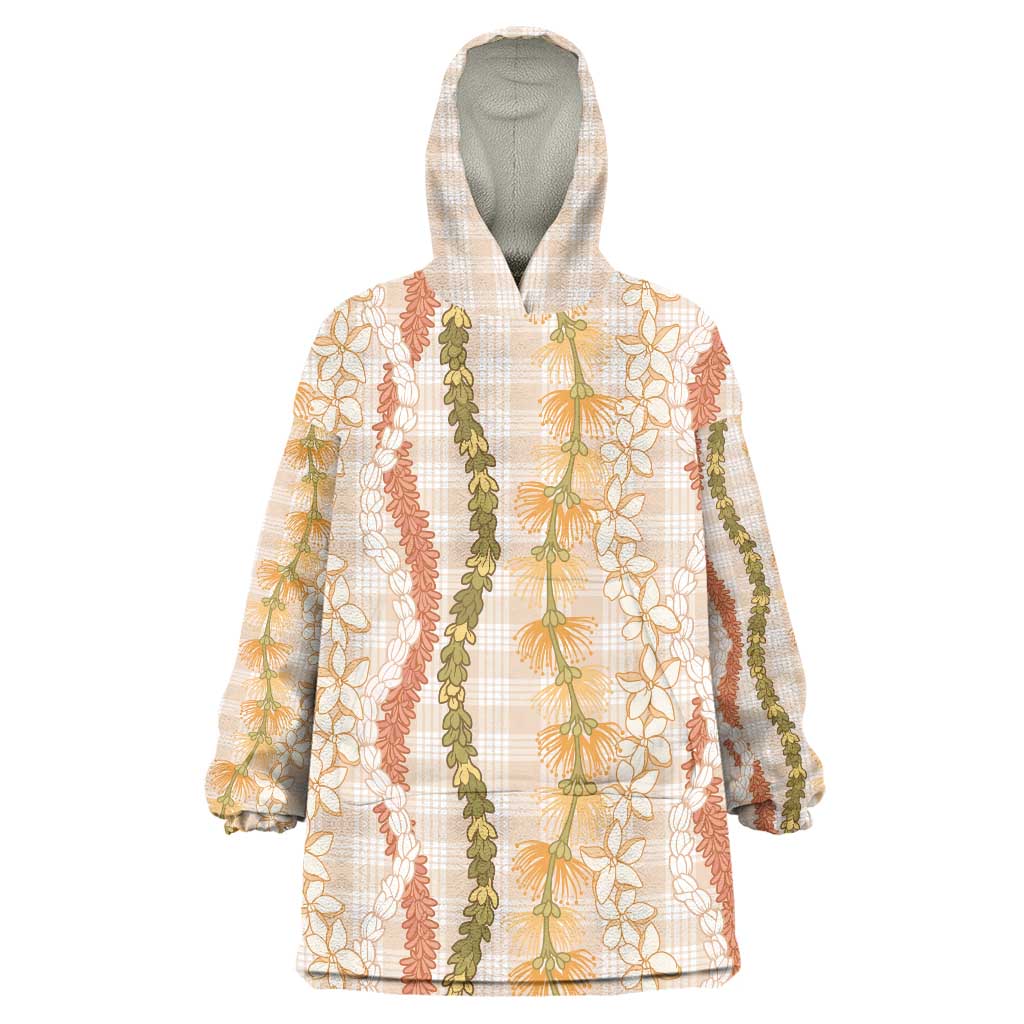 Hawaiian Ohia Lehua Lei Wearable Blanket Hoodie Plaid Palaka Ahiehie Pattern - Polynesian Pride