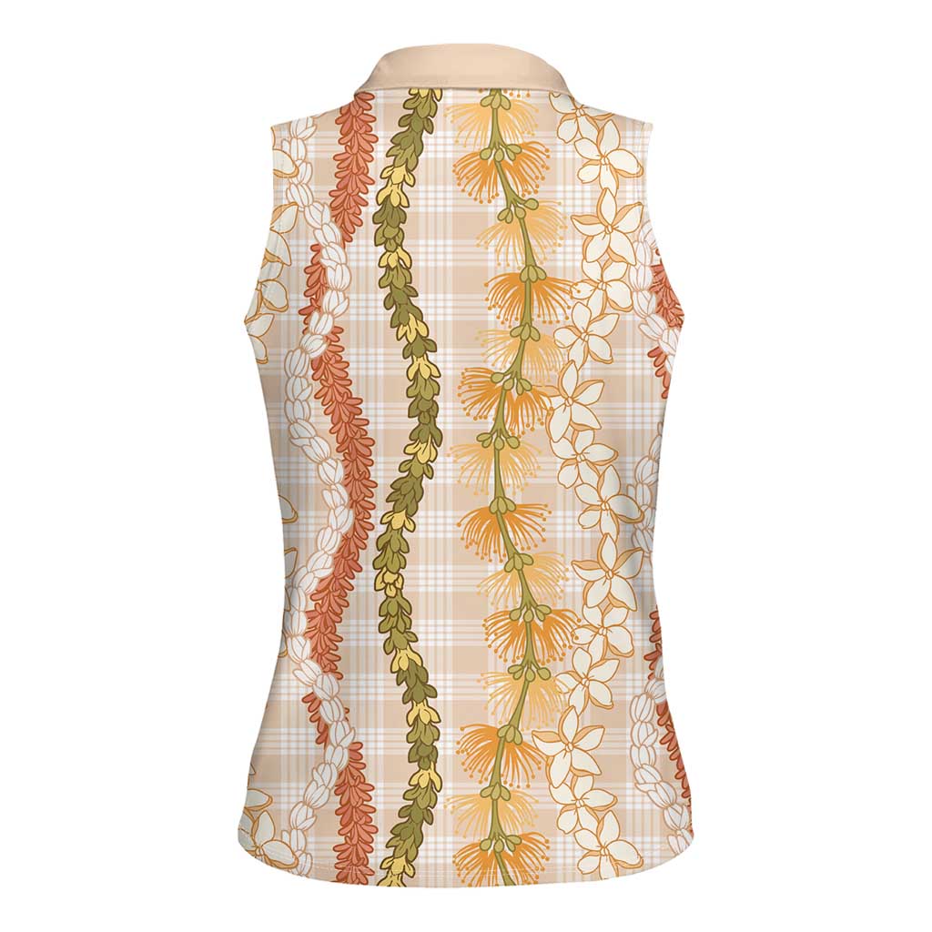 Hawaiian Ohia Lehua Lei Women Sleeveless Polo Shirt Plaid Palaka Ahiehie Pattern - Polynesian Pride