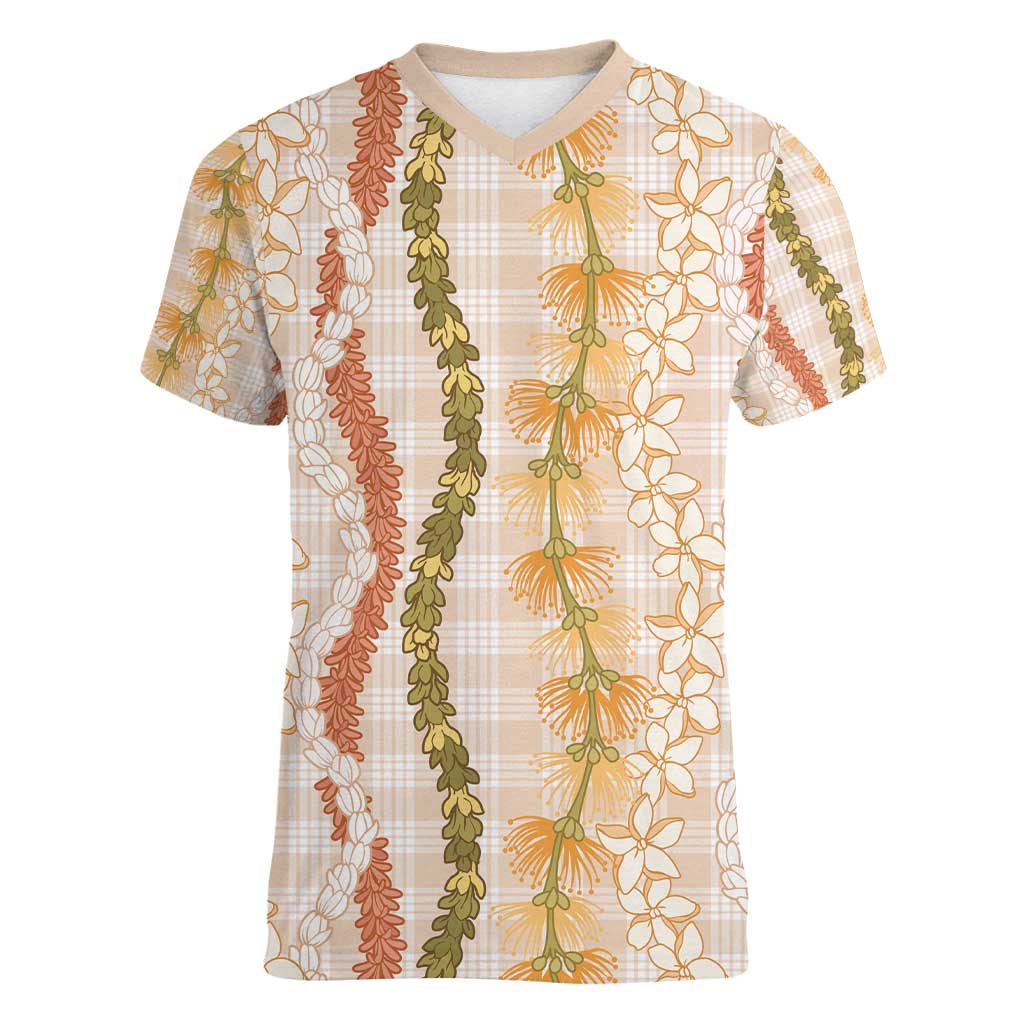 Hawaiian Ohia Lehua Lei Women V-Neck T-Shirt Plaid Palaka Ahiehie Pattern - Polynesian Pride