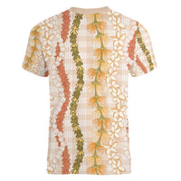 Hawaiian Ohia Lehua Lei Women V-Neck T-Shirt Plaid Palaka Ahiehie Pattern - Polynesian Pride