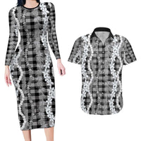 Hawaiian Ohia Lehua Lei Couples Matching Long Sleeve Bodycon Dress and Hawaiian Shirt Plaid Palaka Eleele Pattern - Polynesian Pride