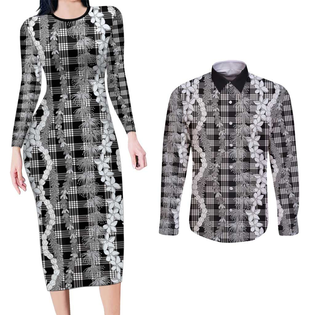 Hawaiian Ohia Lehua Lei Couples Matching Long Sleeve Bodycon Dress and Long Sleeve Button Shirt Plaid Palaka Eleele Pattern - Polynesian Pride