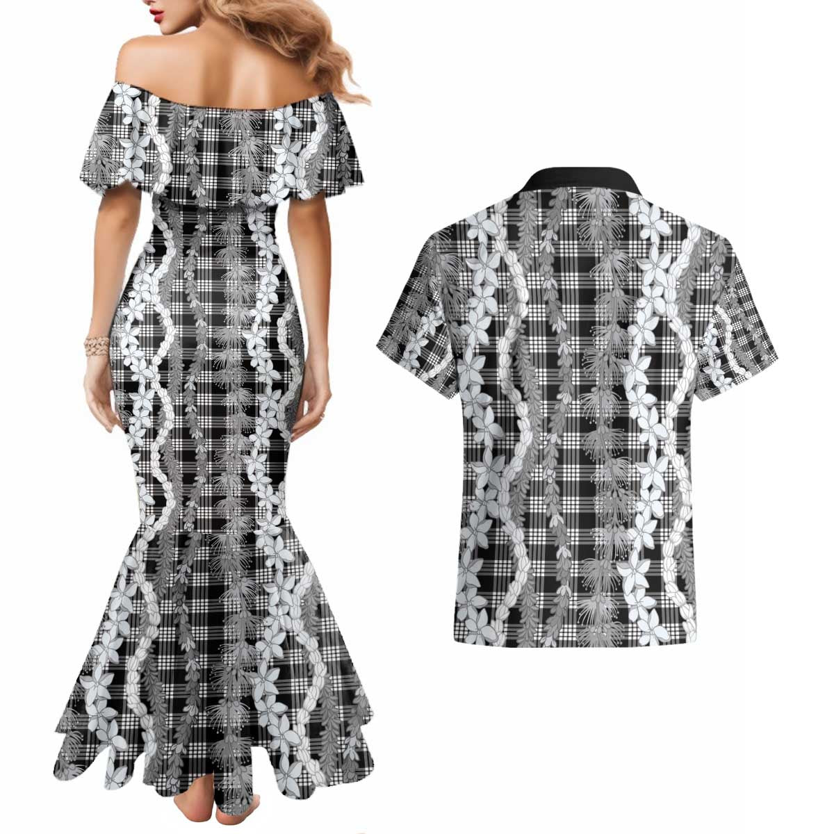 Hawaiian Ohia Lehua Lei Couples Matching Mermaid Dress and Hawaiian Shirt Plaid Palaka Eleele Pattern - undefined