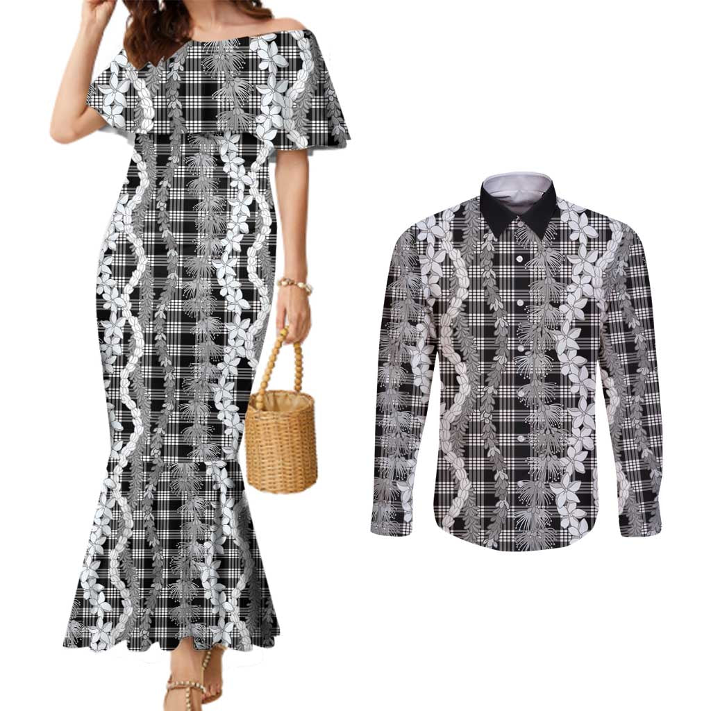 Hawaiian Ohia Lehua Lei Couples Matching Mermaid Dress and Long Sleeve Button Shirt Plaid Palaka Eleele Pattern - Polynesian Pride