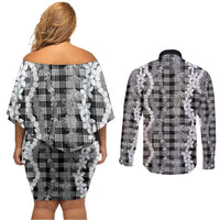 Hawaiian Ohia Lehua Lei Couples Matching Off Shoulder Short Dress and Long Sleeve Button Shirt Plaid Palaka Eleele Pattern - Polynesian Pride