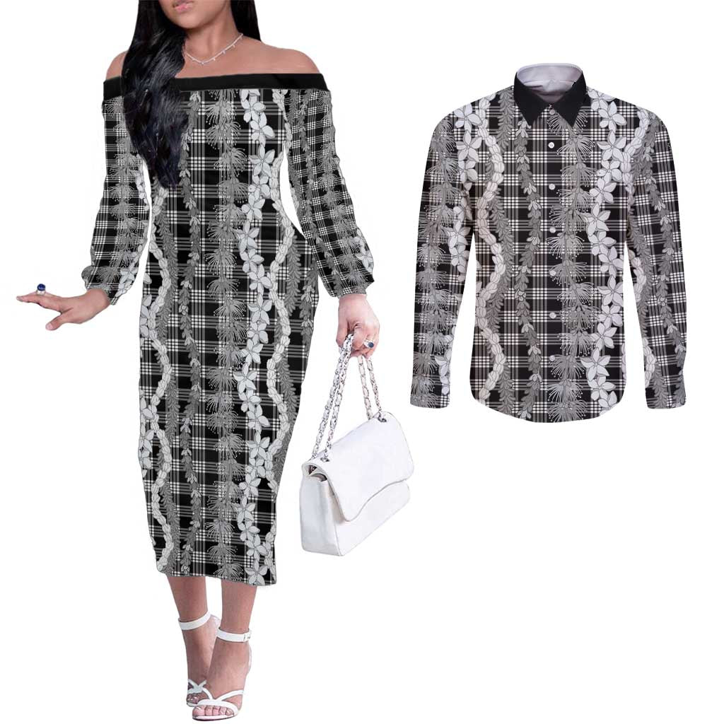 Hawaiian Ohia Lehua Lei Couples Matching Off The Shoulder Long Sleeve Dress and Long Sleeve Button Shirt Plaid Palaka Eleele Pattern - Polynesian Pride